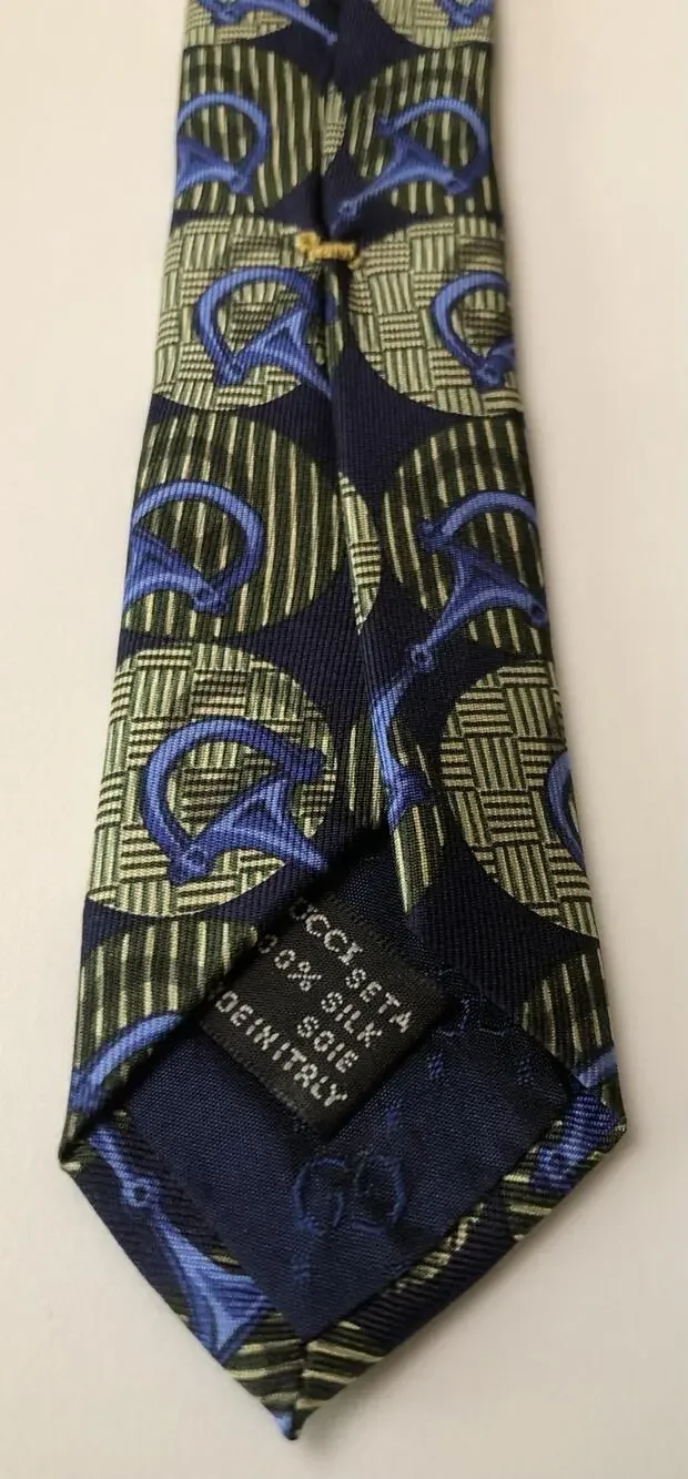 Gucci Tie Mens One Size Blue Silk Horsebit Geometric Equestrian Made In Italy